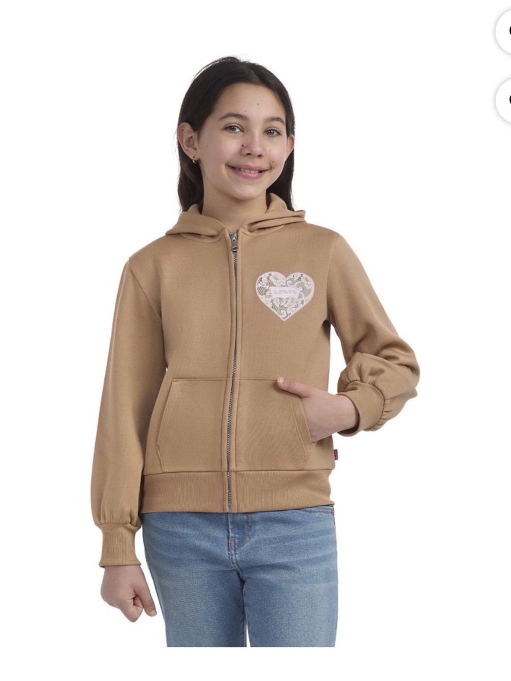 Levi's Girls Tan Zip-Up Hoodie with Heart Patch